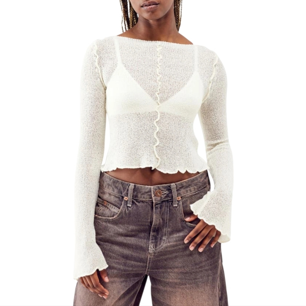 NWT BDG Sheer Boatneck Cream Textured Knit Top